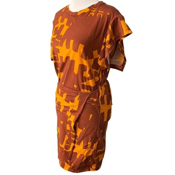 Isabel Marant Flessy Print Wrap Dress Crew Neck Cap Sleeve Orange Dark Brown XL - Picture 3 of 16